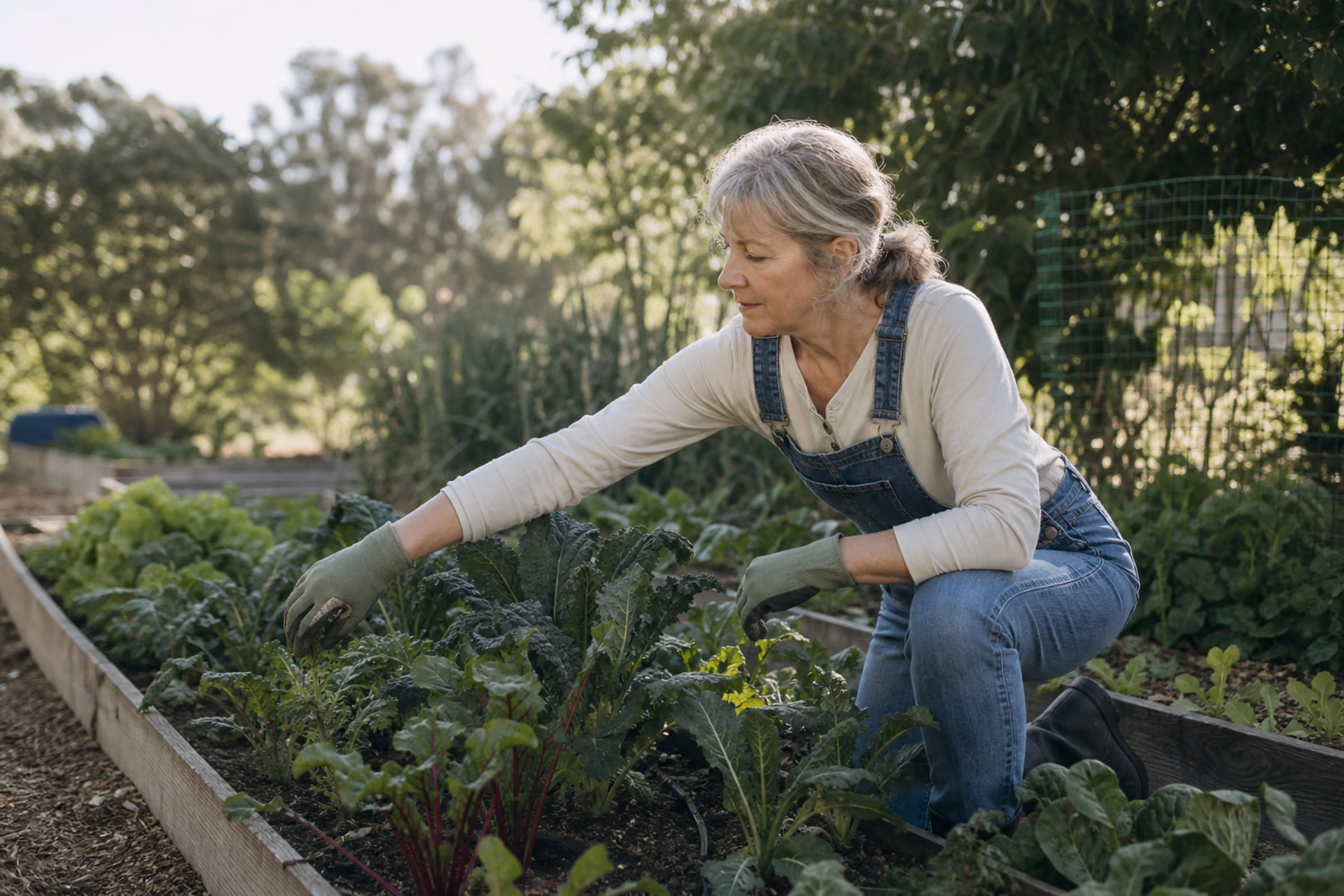 A woman kneels comfortably at a raised garden bed, tending vegetables