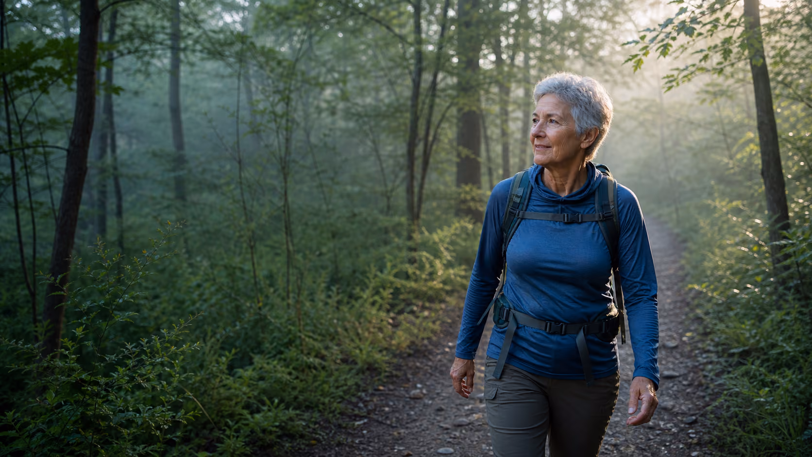 A woman hikes a misty forest trail with a daypack