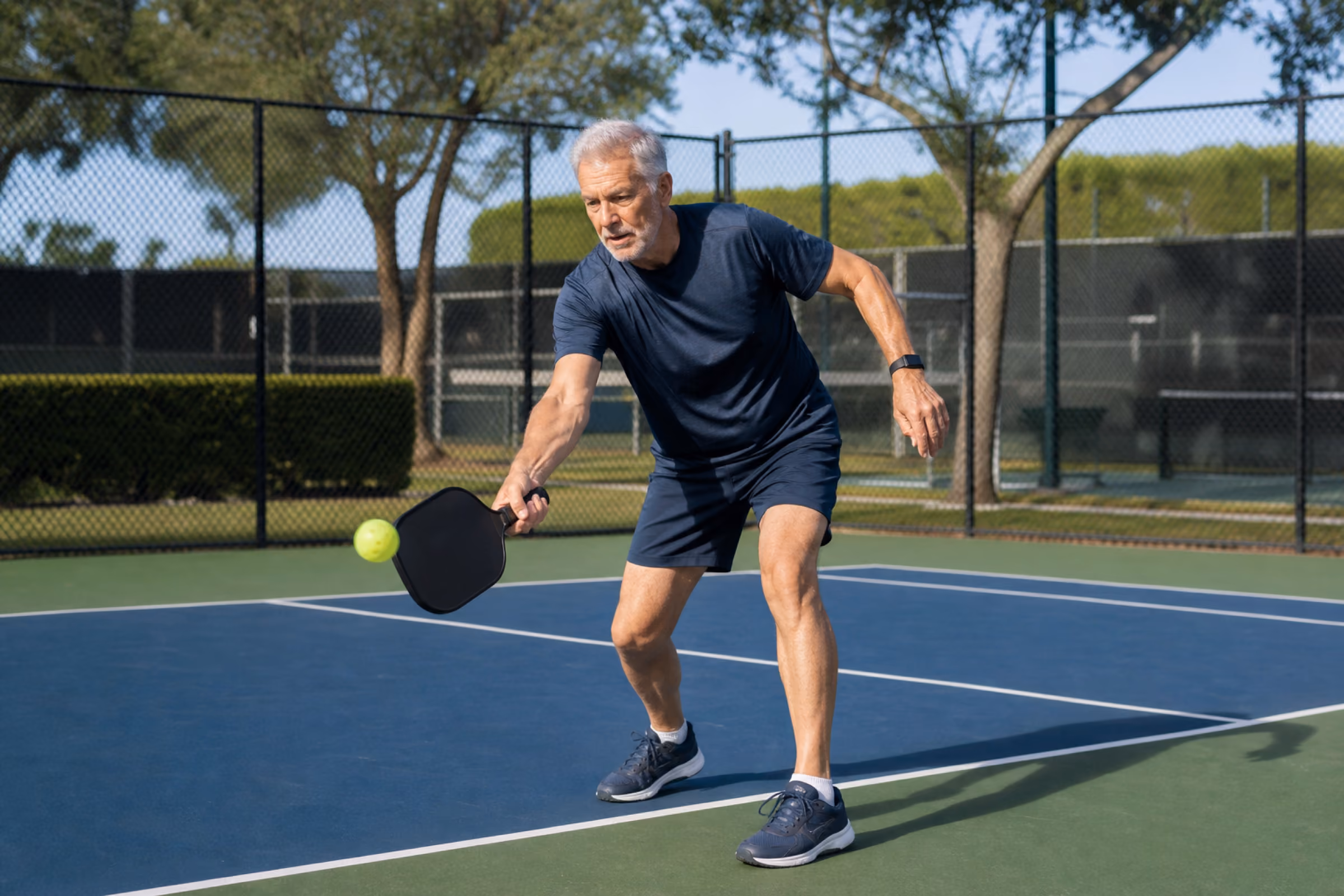 A man reaches for a low forehand on an outdoor pickleball court