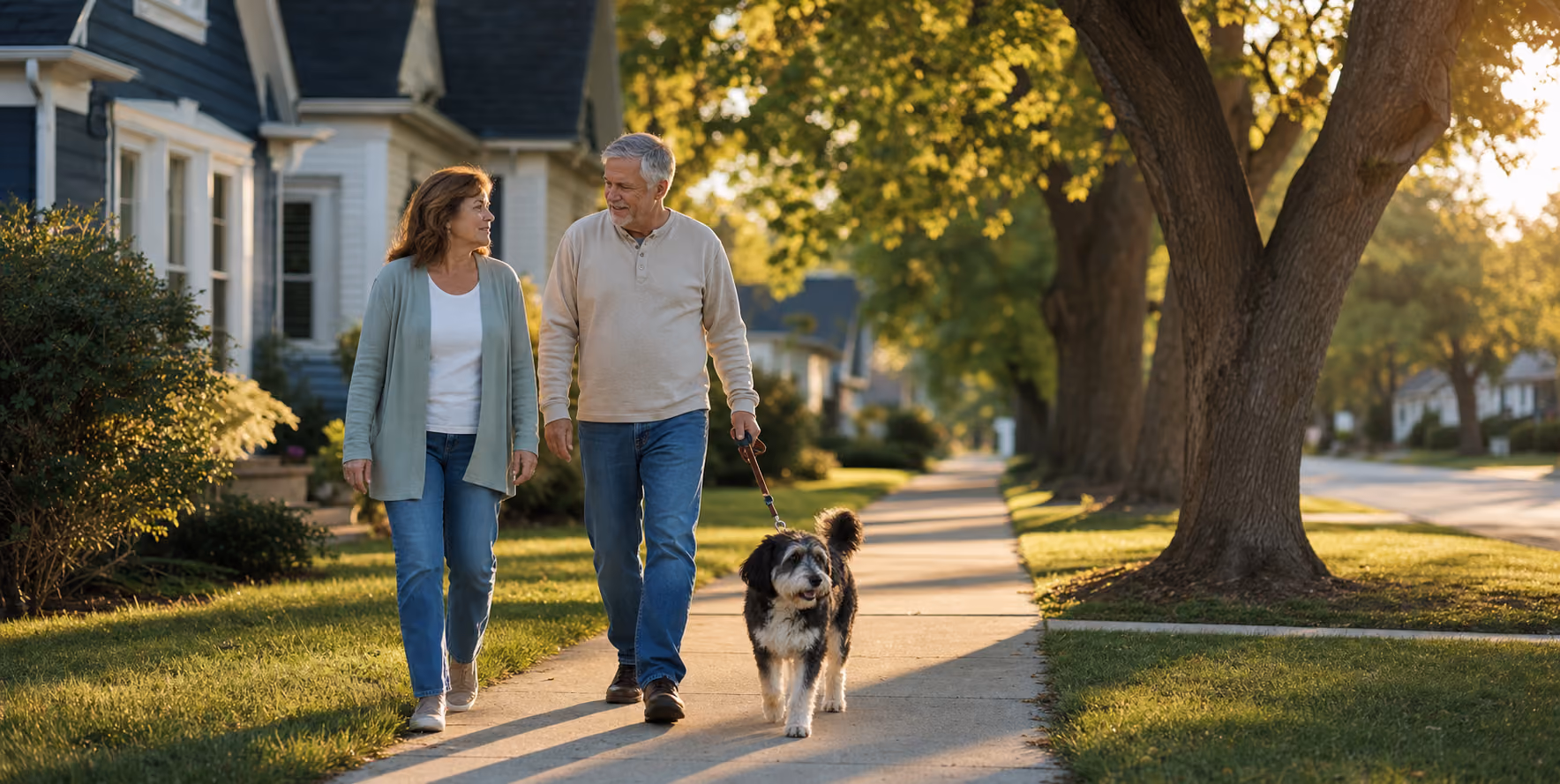A couple in their sixties walk together along a neighbourhood sidewalk
