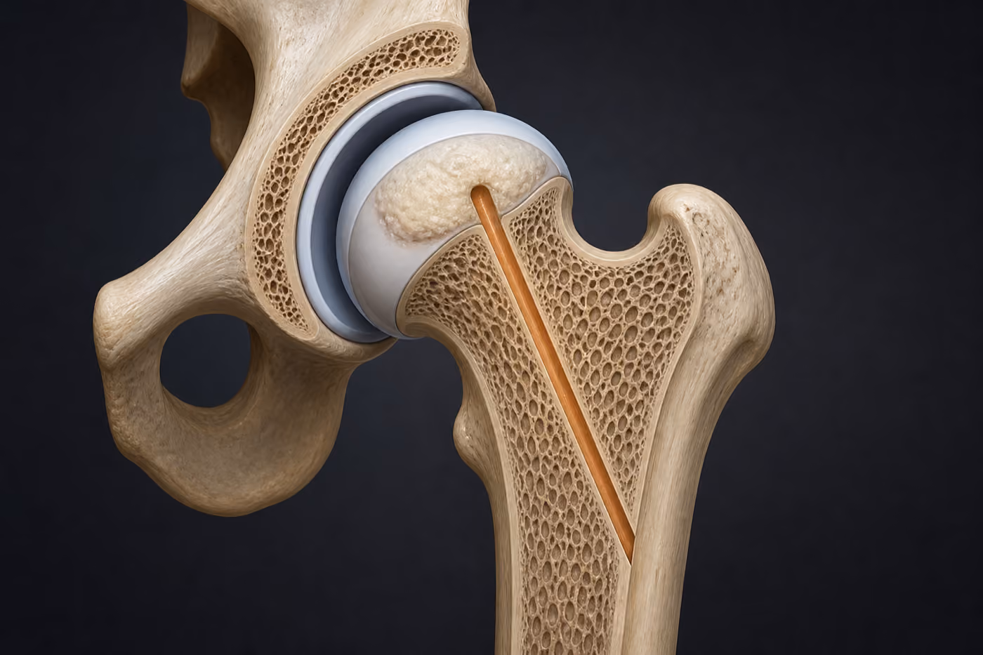 Cutaway illustration of a hip showing a wedge of dead bone in the upper part of the ball with the joint surface still round, and a narrow channel drilled up through the neck of the thighbone into it