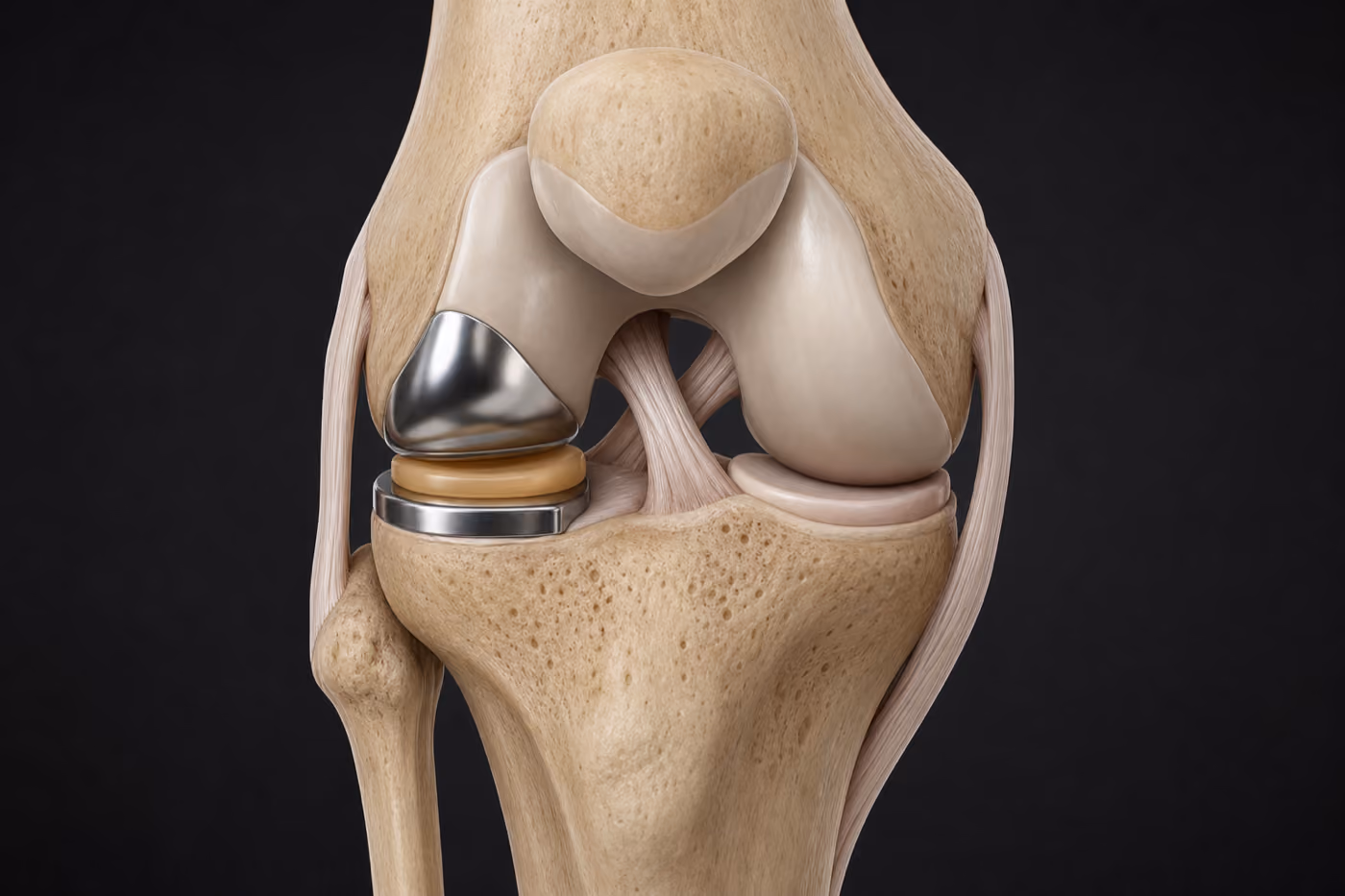 Illustration of a right knee with a partial replacement resurfacing only the outer compartment, the inner compartment and the cruciate ligaments left in place