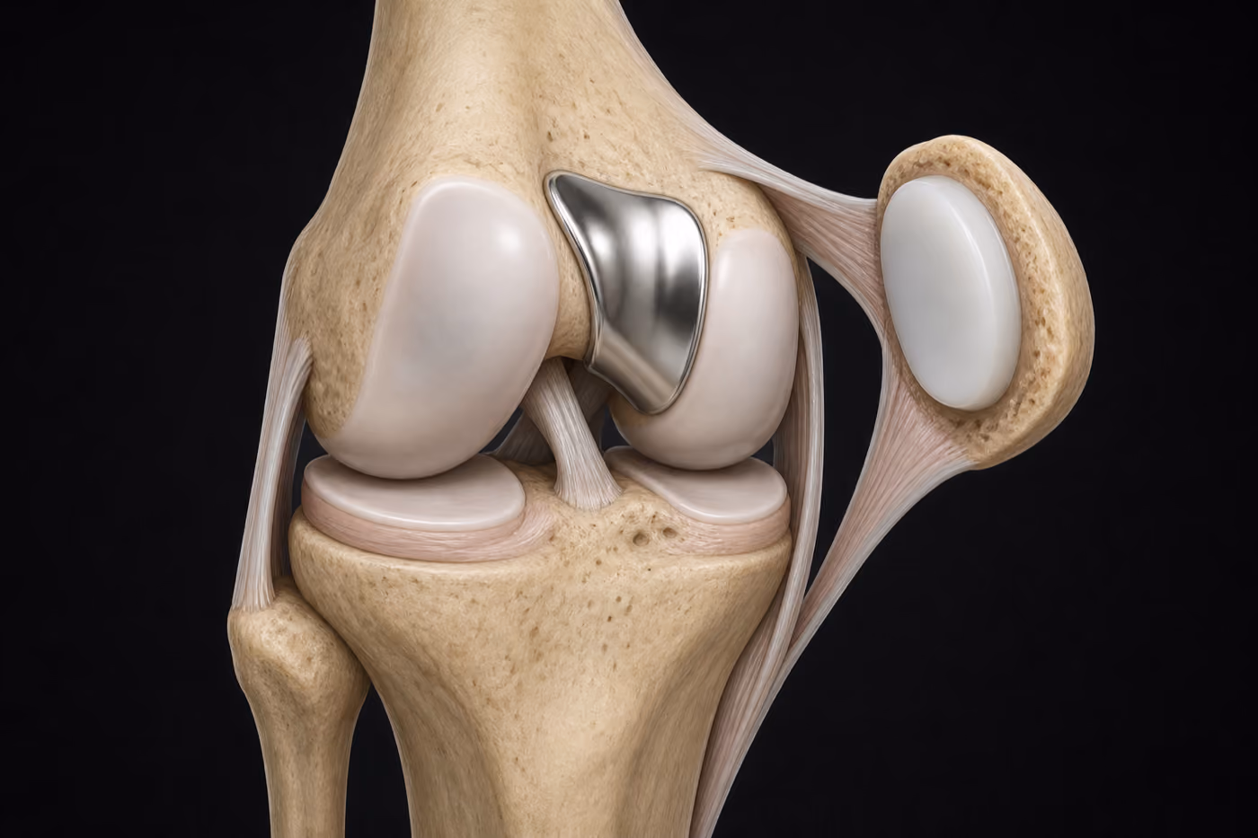 Illustration of a right knee with the kneecap turned aside, showing a metal shield resurfacing the groove at the end of the thighbone and the back surface of the kneecap resurfaced