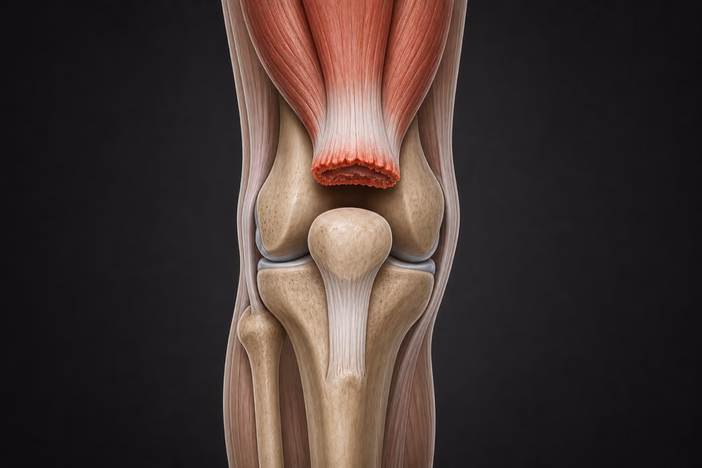 Illustration of a right knee from the front with the quadriceps tendon torn above the kneecap, the muscle end retracted upward and the kneecap sitting low