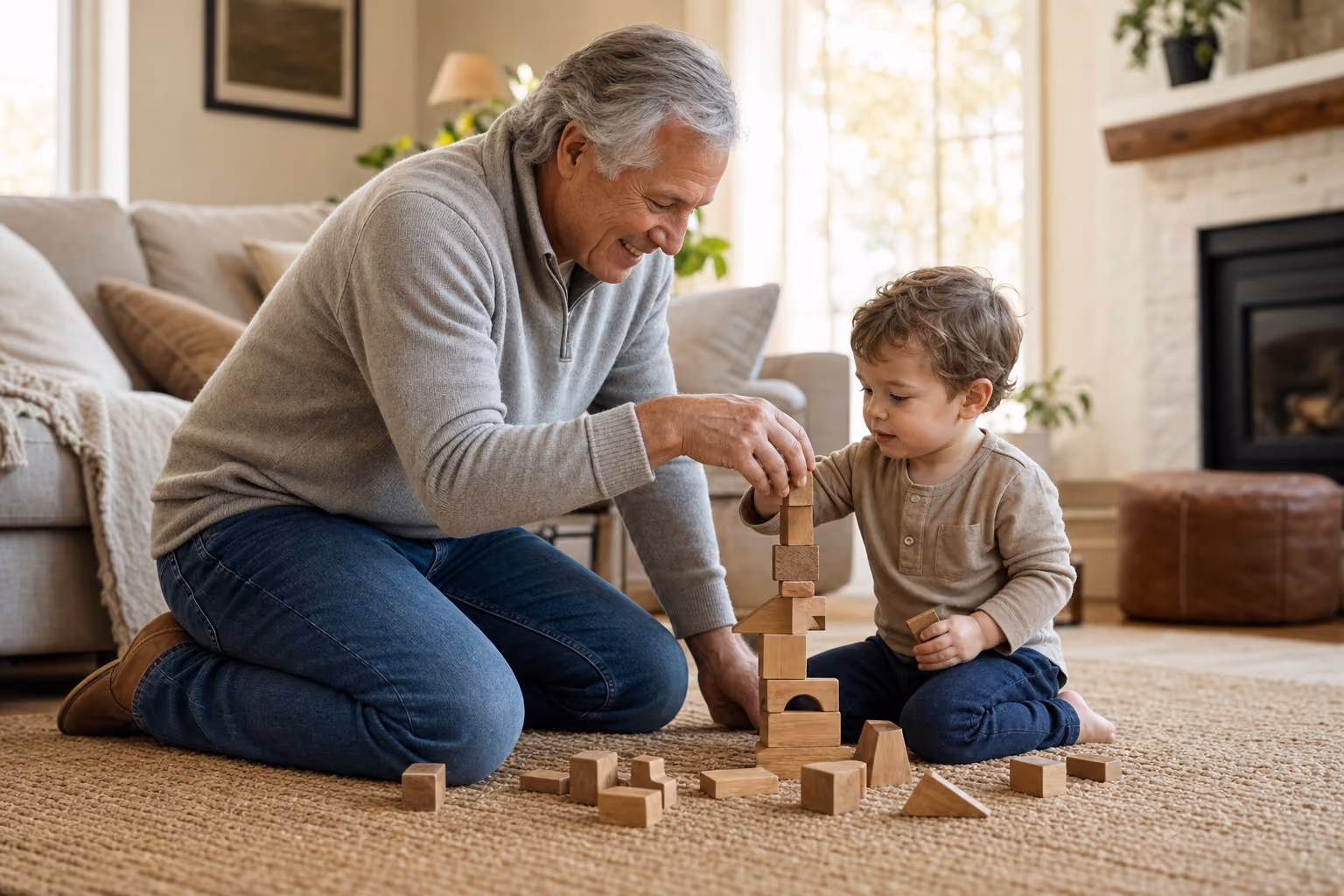 A grandfather kneels on the living-room rug, building a block tower with his toddler grandson
