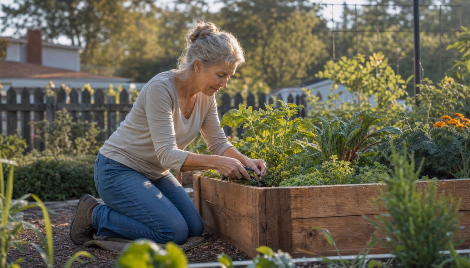 A woman in her sixties tends vegetables in a raised garden bed on a sunny morning