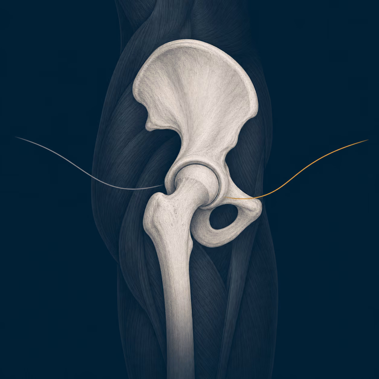 Illustration of a hip joint seen from the side, with an anterior path arriving from the front and a posterior path from the back