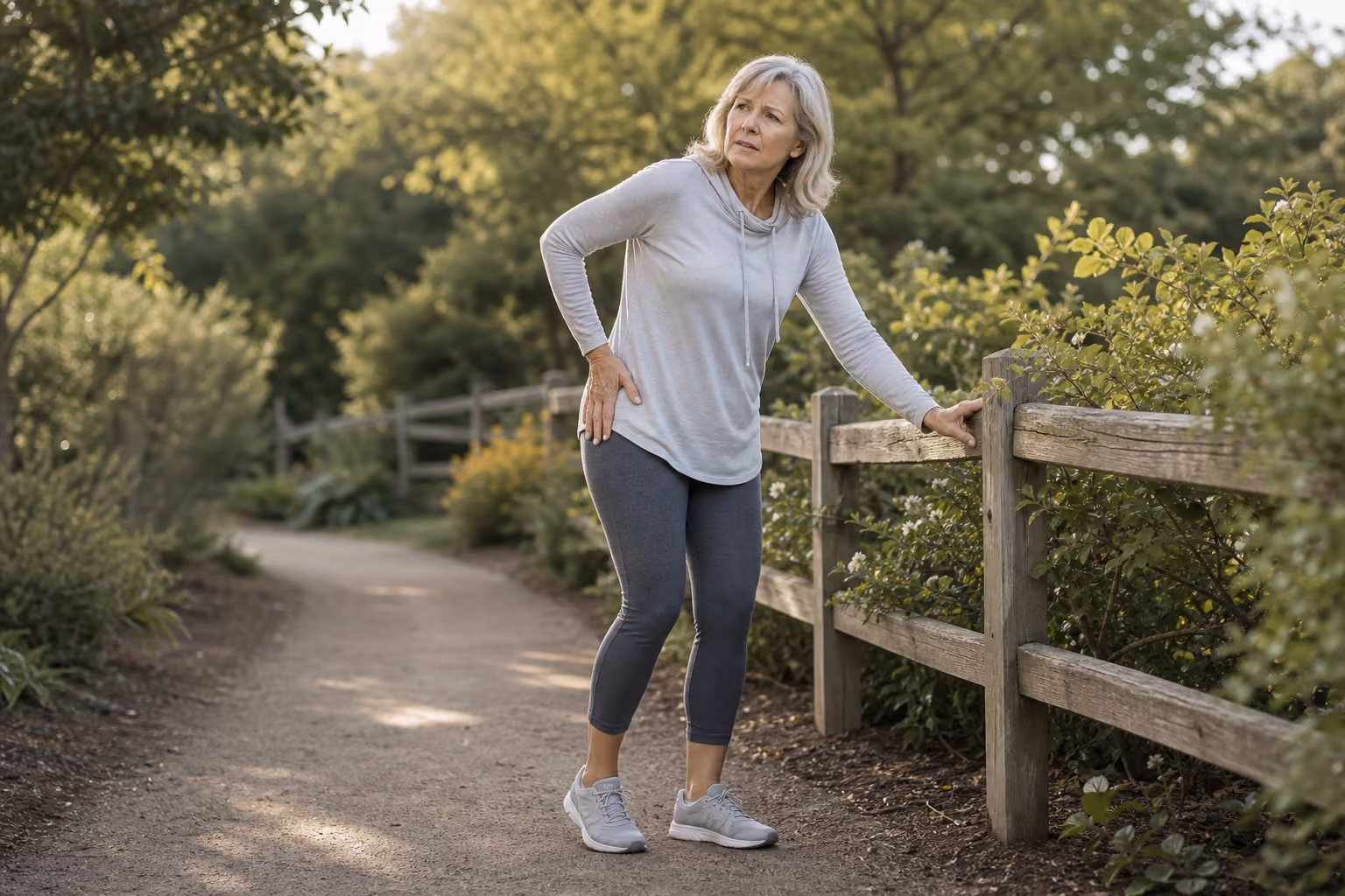 A woman in her late fifties pauses on a garden path, one hand steadying her hip and the other on the fence rail