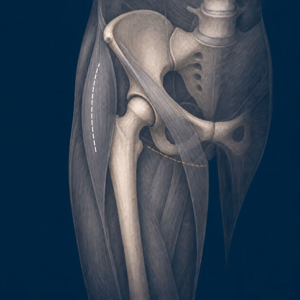 Illustration of the hip and upper thigh showing the traditional anterior incision over the tensor fasciae latae and, lower, the bikini incision following the groin crease