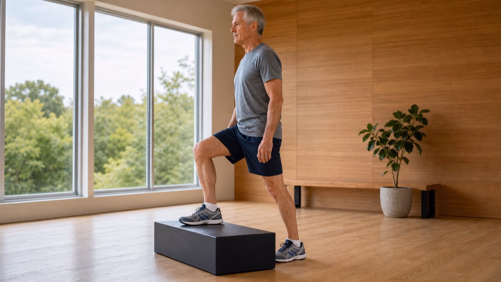 A man in his late sixties steps up onto a low training platform in a bright studio, his weight moving onto the raised leg.
