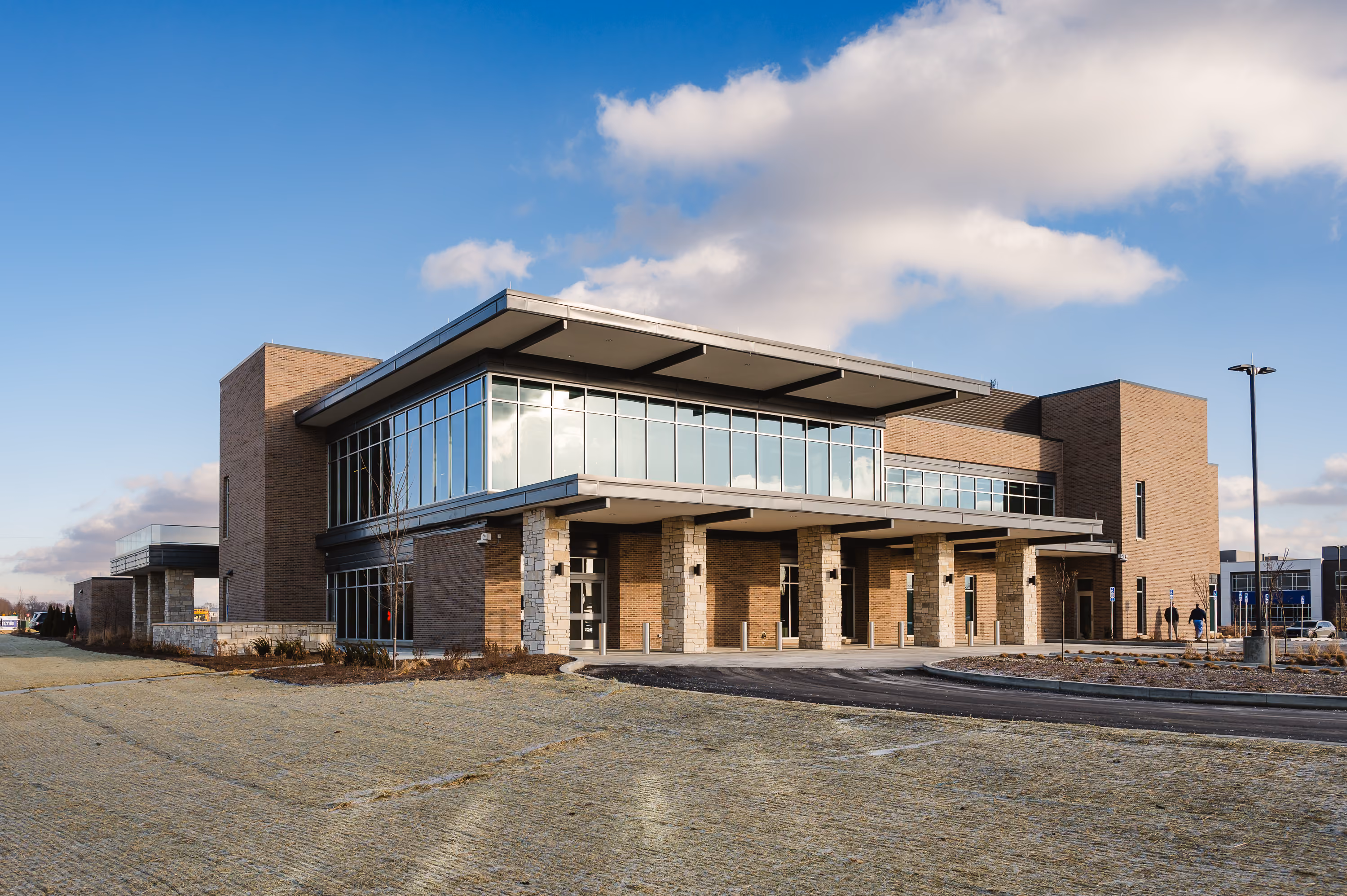 The entrance canopy and drive-up at the Indiana Orthopedic Institute building in Noblesville