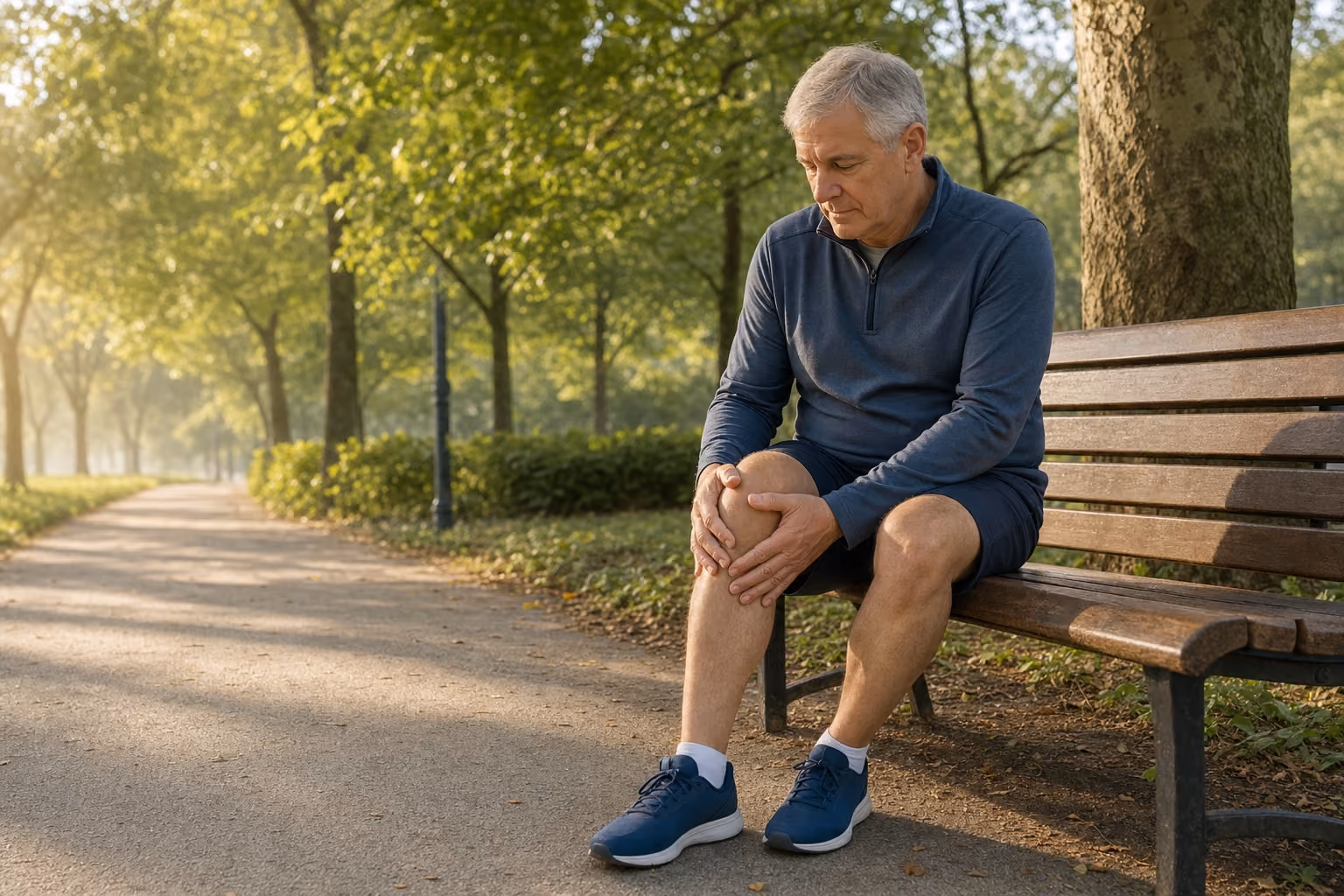 A man in his early sixties rests on a park bench along a tree-lined path, hands clasped around his knee