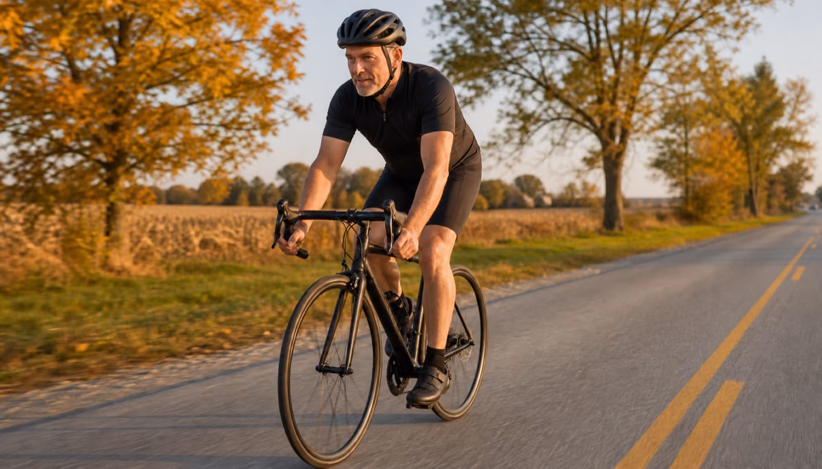 A man in his fifties rides a road bicycle along a tree-lined lane in autumn