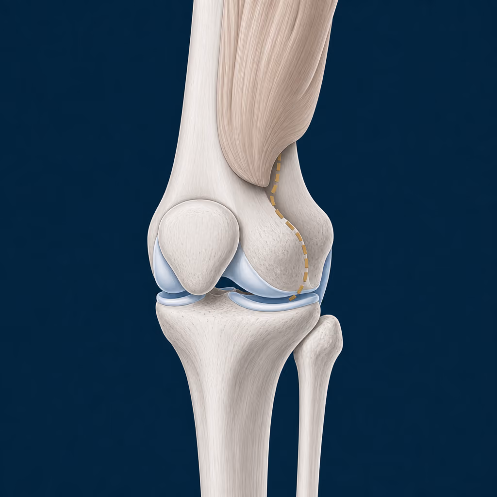 Illustration of the muscle-sparing subvastus route beneath the thigh muscle