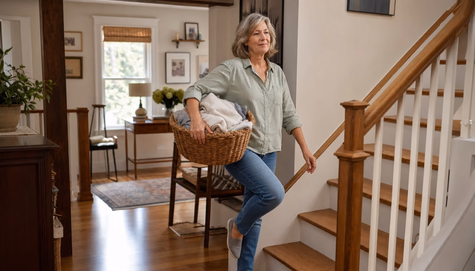 A woman in her sixties carries a laundry basket up the stairs at home