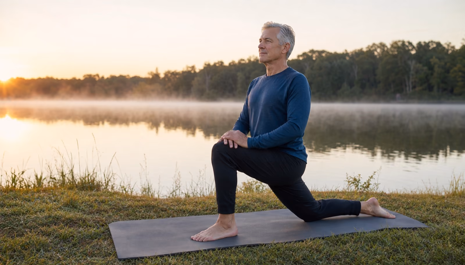 A man in his sixties holds a low lunge on an exercise mat beside a misty lake at sunrise, one knee on the ground and his hands resting on the other.