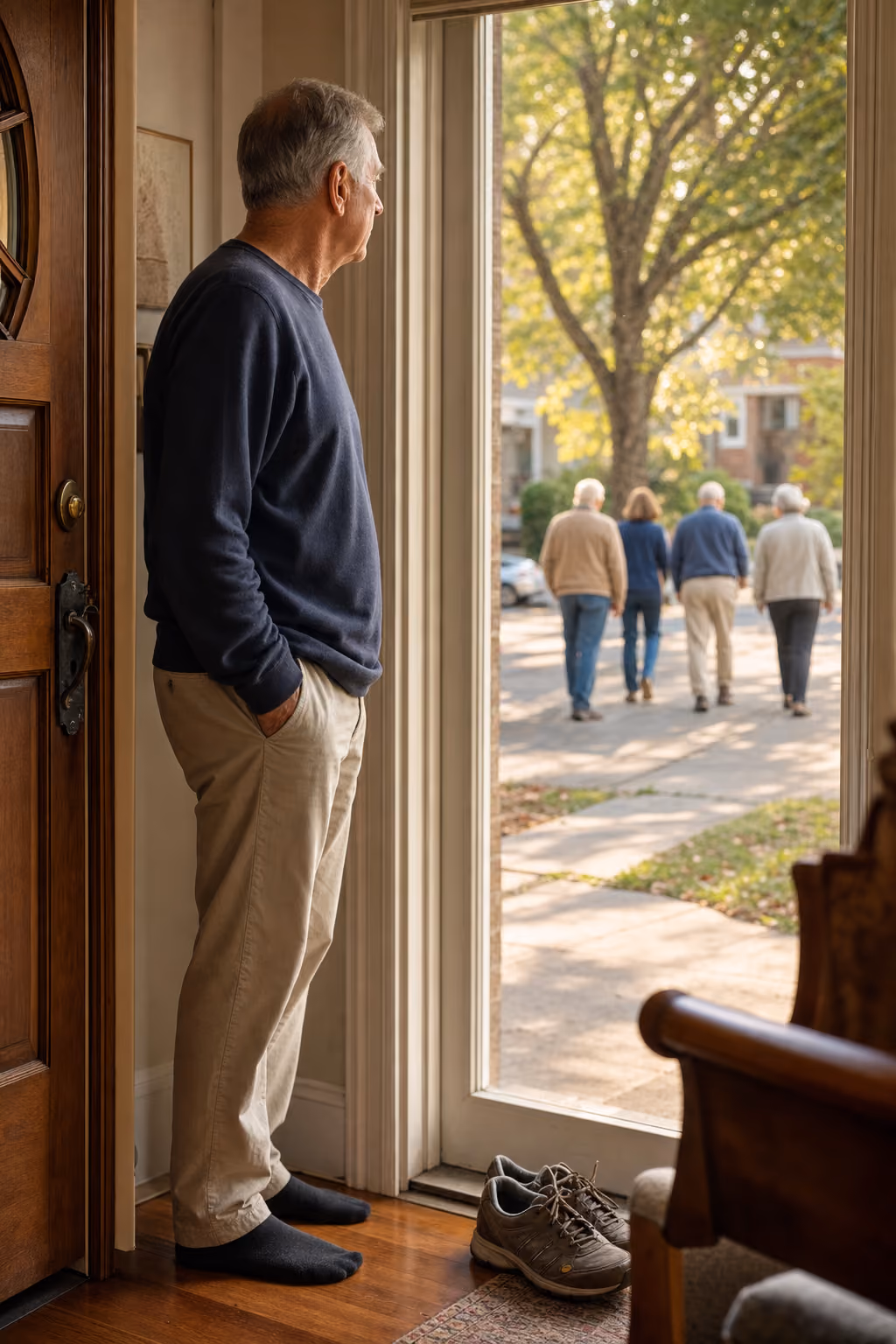 From inside the front door, a man watches friends walk away down the sidewalk; his walking shoes sit unused by the door